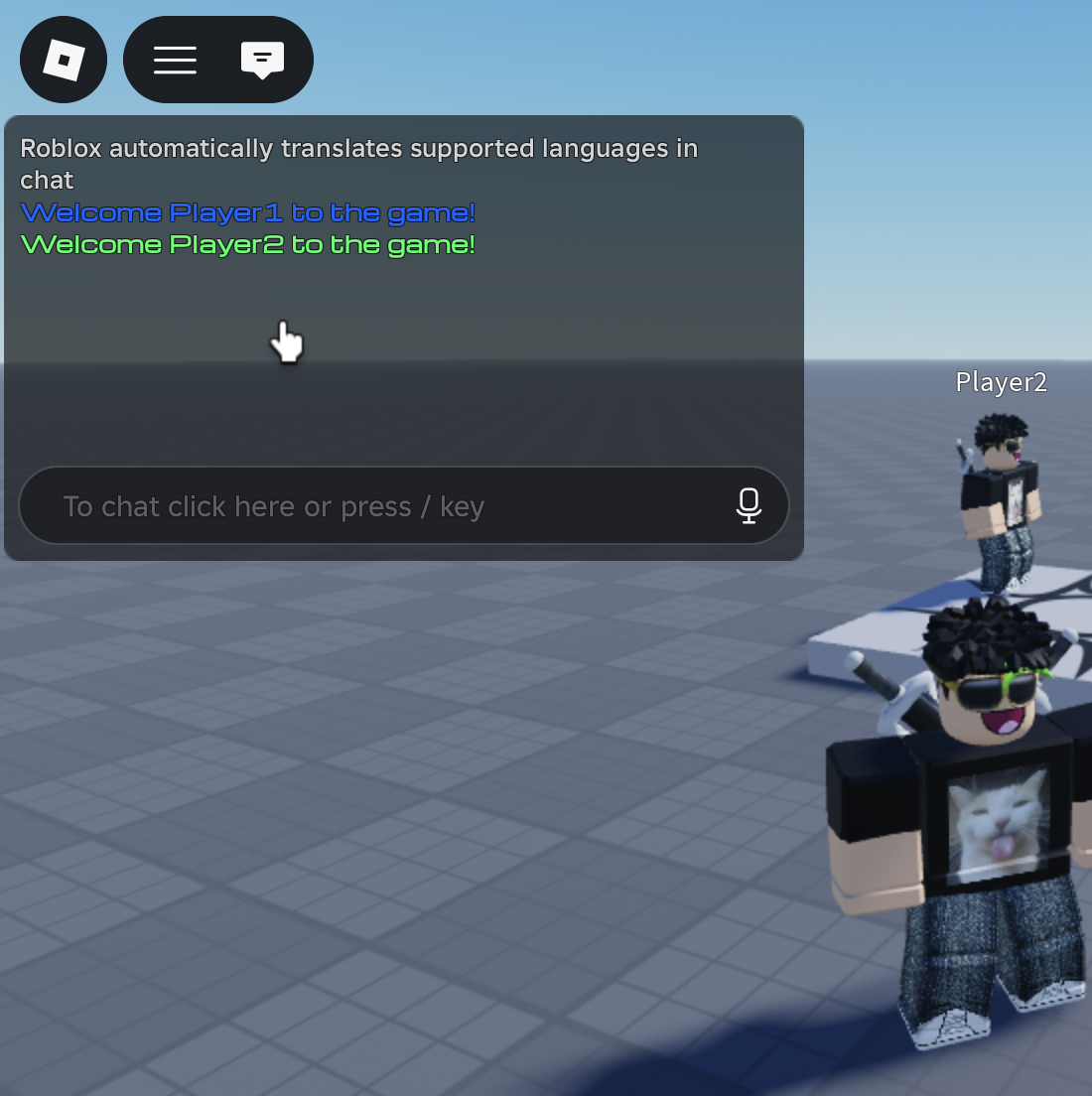 Roblox chat showing coloured, custom-font welcome messages for two players